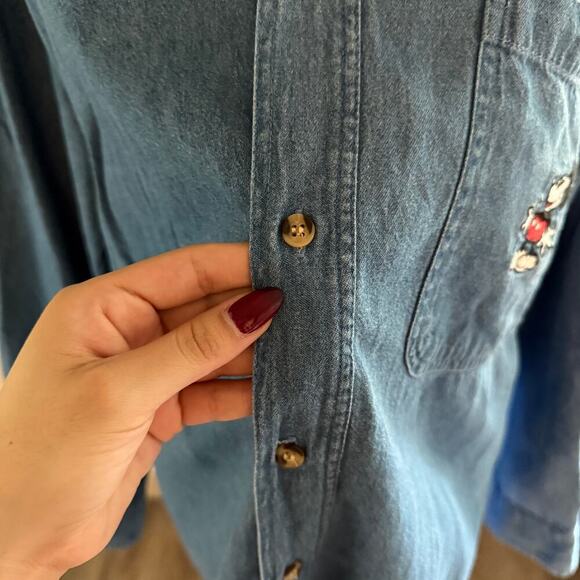 Mickey Mouse Graphic Denim Long Sleeve Button Down Shirt Womens Medium Relaxed - Picture 5 of 10